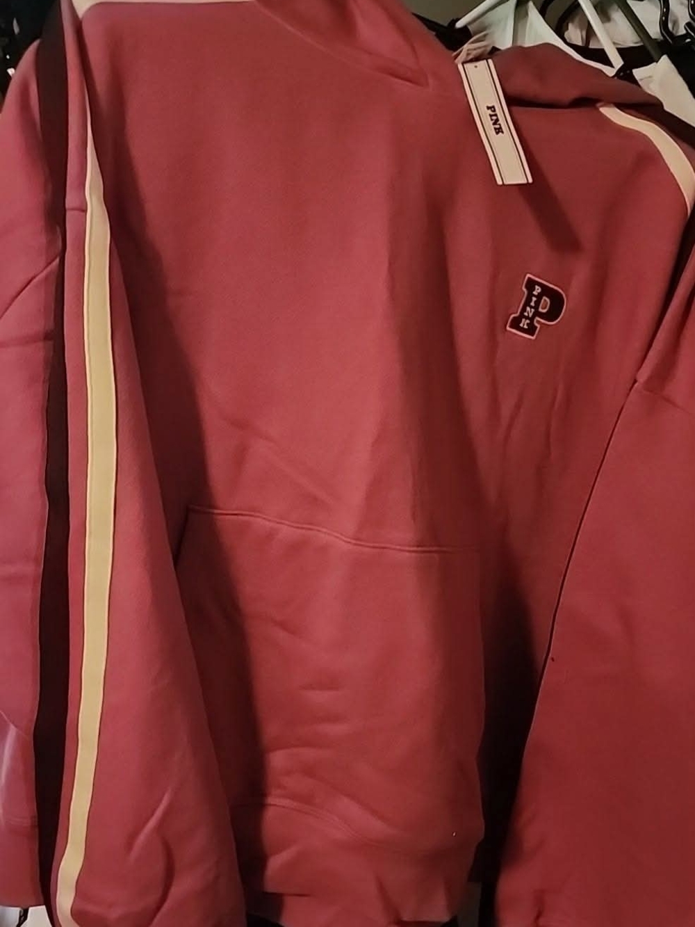 PINK Rose Red Pullover Hoodie with Cream Stripe